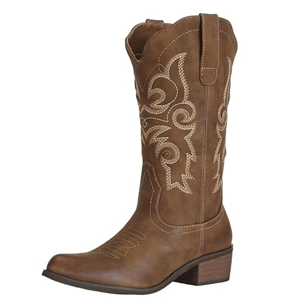 J's.o.l.e Ladies Cowgirl Cowboy Boots Woman Mid Wide Calf Western Fashion Brown Black Boots