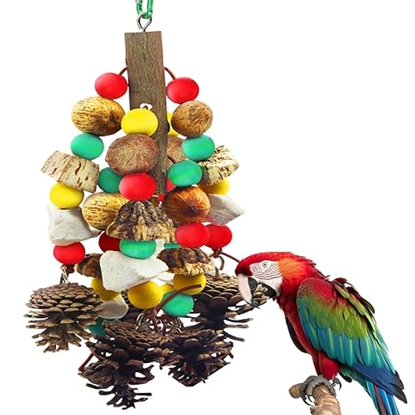 MQUPIN Parrot Toys, Nuts Nutrient-Rich Bird Toys,Natural Wooden Parrot Cage Bite Toy,Chewing Toy Containing Cuttlefish Bones,Pine Cones,Wooden Mangoes and Carambola for African Greys,Cockatoo,Budgie
