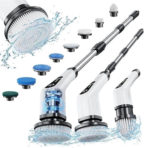 Leebein Electric Spin Scrubber, Cordless Cleaning Brush with 8 Replaceable Brush Heads, Tub and Floor Tile Power Scrubber with 54 Inch Adjustable Handle for Bathroom Kitchen - Sold by Leebein Inc Only - White