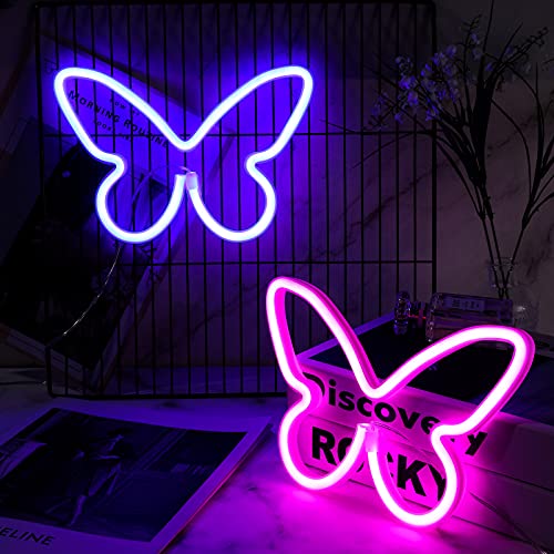 Riakrum 2 Pcs Butterfly Neon Signs Butterfly LED Light 3AA Battery Powered, USB Operated Wall Neon Light Decor Butterfly Neon Wall Art for Home Bedroom Wedding Birthday Party Decor(Pink, Blue) - Pink, Blue