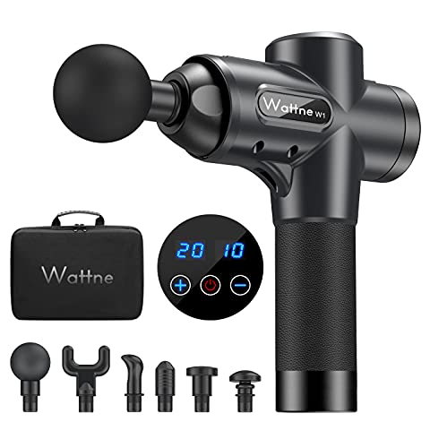 Massage Gun Handheld Deep Tissue Percussion Massager Device for Pain Relief - Super Quiet Cordless Vibration, Upgraded 6 Heads & 20 Speed Strength Levels, wattne W1 Classic Black - Black