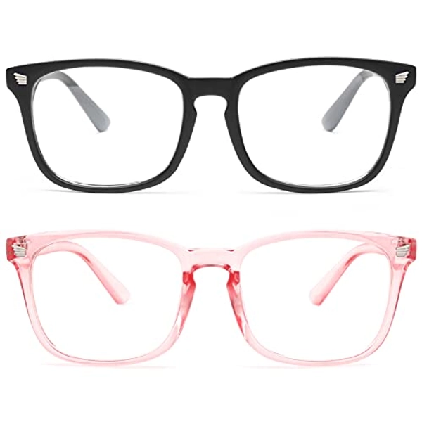 livho 2 Pack Blue Light Blocking Glasses, Computer Reading/Gaming/TV/Phones Glasses for Women Men,Anti Eyestrain & UV Glare (Matte Black+Clear Pink)