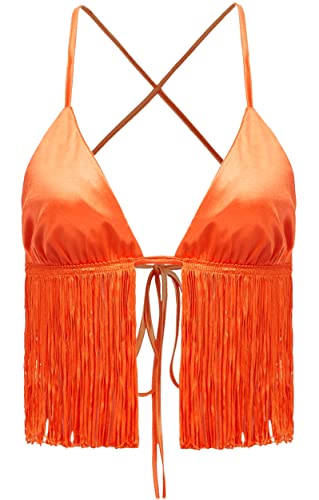 Verdusa Women's Crisscross Tie Backless Fringe Hem Sleeveless Satin Crop Cami Top - Large - Orange