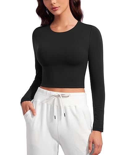 CRZ YOGA Butterluxe Double Lined Long Sleeve Workout Tops for Women Crew Neck Fitted Crop Tshirts Casual Tight Basic Shirts - Large - Black