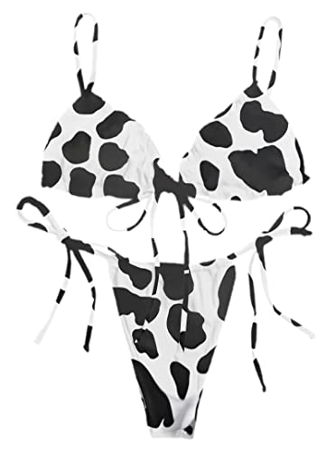 Avanova Women's Sexy String Thong Brazilian Bikini Swimsuit Ribbed Side Tie 2 Piece Bathing Suit - Large - Cow