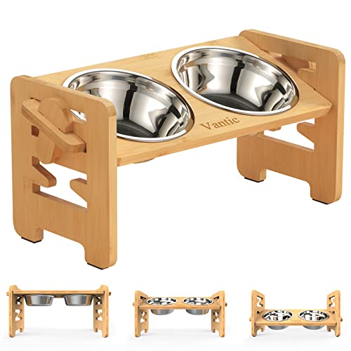Vantic Raised Dog Bowls - Adjustable Dog Bowls on Stands, Elevated Dog Bowls with stand for Small Dogs, Bamboo Dog Feeding Station with 2 Stainless Steel Bowls (18oz) and Non-Slip Feet, 17cm High - for Small Dogs and Cats - Bamboo