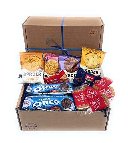 AST GIFTS Biscuits Hamper Treat Box has 4 Packs of Border Biscuits, Lotus Biscoff Biscuits, Oreos and wafers. an Ideal Afternoon Tea Gift Basket of Munchies for Any Occasion