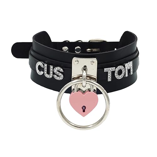 ADEMISHIA Custom Black Choker Collar For Women, Personalized Name Necklace punk gothic Vegan Leather Jewelry With Rhinestone Letters - Padlock Choker