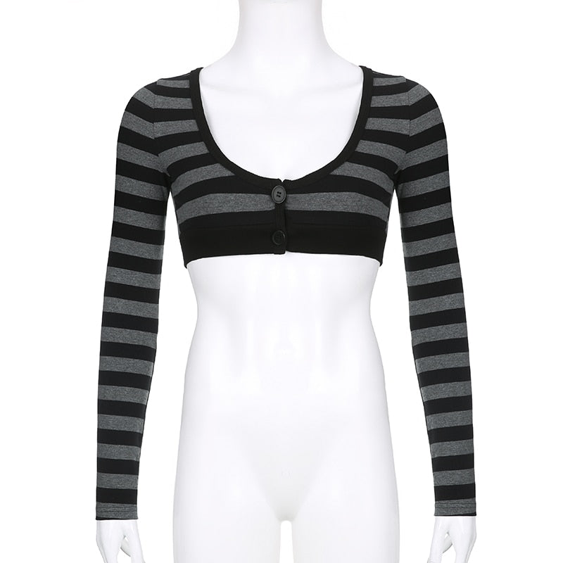 Grey Alt Grunge Striped Crop Top - Grey / M