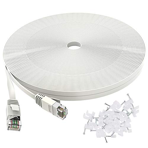 Cat 6 Ethernet Cable 60 Ft, Outdoor&Indoor, 10Gbps Support Cat7 Network, Slim Long Flat Internet LAN Patch Cord, Cat6 Solid High Speed Weatherproof Cable for Router, Modem, PS4/5, Xbox, Gaming, White - 60ft - White