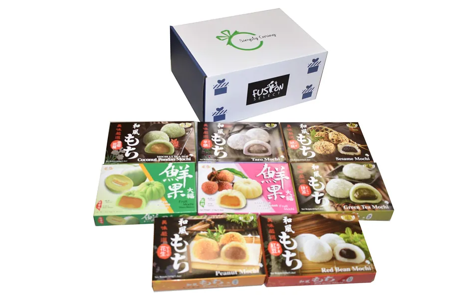 Japanese Mochi 8 Variety Pack: Coconut Pandan, Taro, Sesame, Hamimelon, Lychee, Green Tea, Peanut & Red Bean in Fusion Select Gift Box - 