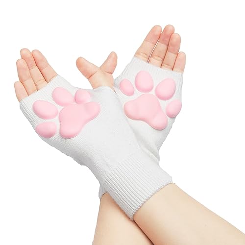 HOMEGYMFREE Cute Cat Paw Mittens Gloves, Kawaii Cat Cosplay Kawaii Soft 3D Toes Beans Fingerless Cat Claw Paws Pad Sleeve - White-short