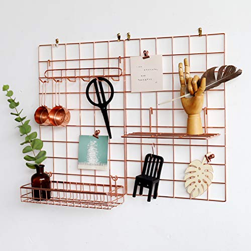 FRIADE Wall Grid Panel for Photo Display,Wall Storage Organizer ,5 Metal Clips & 3 S Hooks & 4 Nails & 4 Plastic Hanging Buckles and 4 Screws Offered,Size 17.5" x 11.8",2 Pack(Rose Gold) - Rose Gold