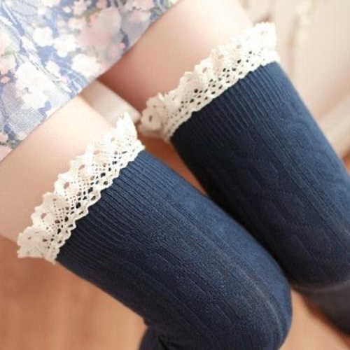 Lace Thigh High Stockings - Navy