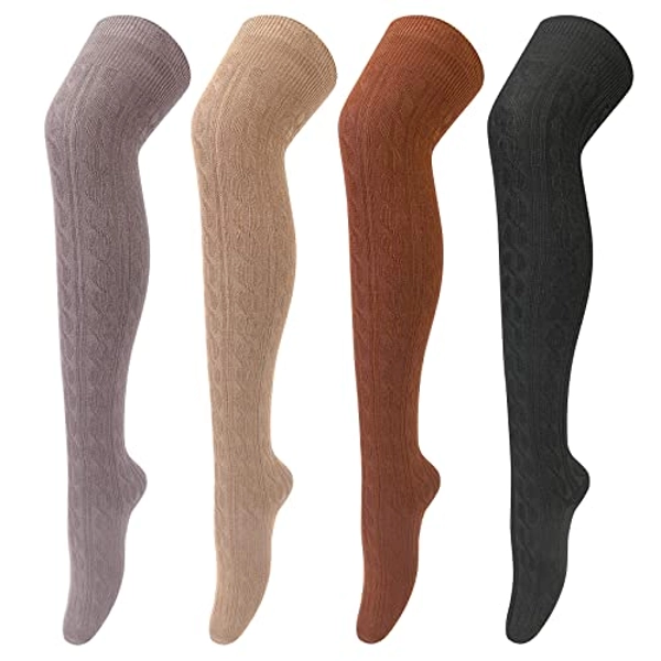 4 Pairs Thigh High Socks for Women Knit Long Over the Knee Socks Knee High Socks Gifts
