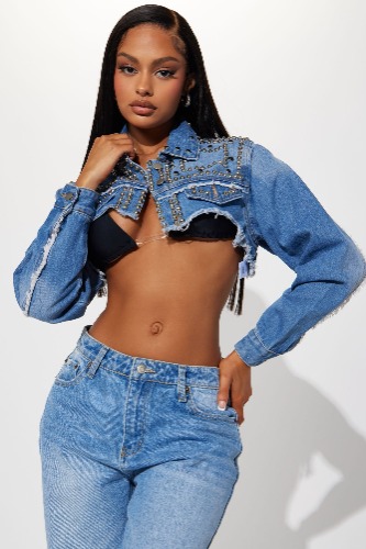 Afterparty Embellished Super Crop Denim Jacket - Medium Wash | M