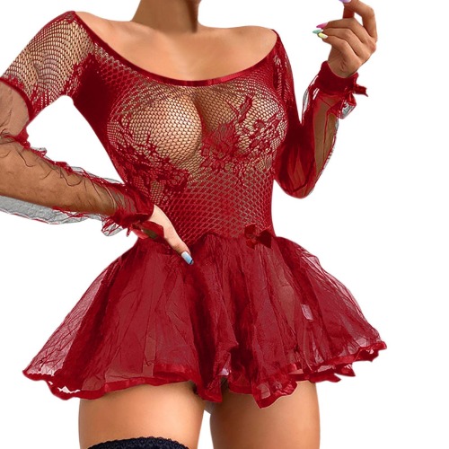 XINSHIDE Plus Size Lingerie for Women Sexy Naughty Lace Mesh Long Sleeve Babydolls Hollow Out Tutu Nightdress Chemises Nighty - Red 3X-Large