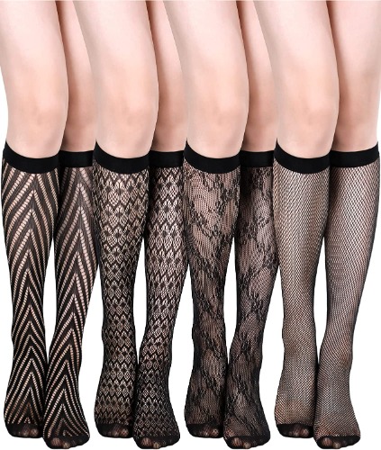 Geyoga 4 Pairs Women's Fishnet Knee Stockings Hollow out Women's Calf Socks
