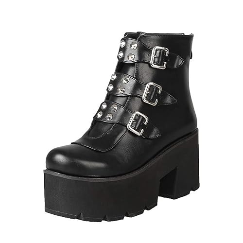 YIYA Women's Black Goth Platform Ankle Boots with Bat Wing Buckles Chunky Block Heels Round Toe Zipper Punk Motorcycle Combat Boots Comfy Short Gothic Booties - 14 - Black 20
