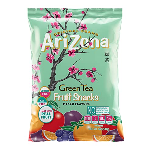 AriZona Green Tea Fruit Snacks, Gluten Free Mixed Fruit Gummy Chews 5 Ounce Individual Single Serve Bags, Green Tea,(Pack of 12) - Green Tea - 5 Ounce (Pack of 12)