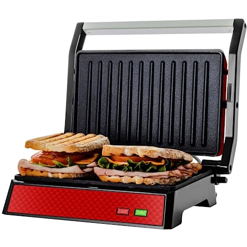 OVENTE Electric Indoor Panini Press Grill and Sandwich Maker with Non-Stick Coated Plates, Opens 180 Degrees to Fit Any Type or Size Food, Temperature Control and Removable Drip Tray, Red GP0620R - 2 Slice - Red