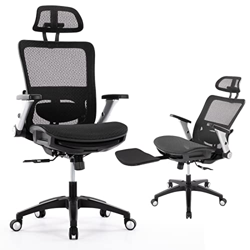 Ergonomic Mesh Office Chair with Footrest, High Back Computer Executive Desk Chair with Headrest and 4D Flip-up Armrests, Adjustable Tilt Lock and Lumbar Support-Black - Black Mesh Chair