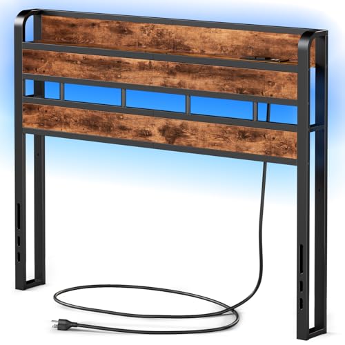 Furnulem Bed Headboard with Storage Shelf for Full Size Bed Frame,Industrial Head Board Only with RGB LED Light,USB Port and Charging Station,Sturdy Frame & Wood Shelf, Adjustable Height - Full