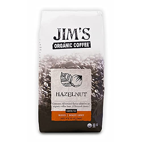Jim’s Organic Coffee – Hazelnut, All Natural Flavored Blend – Light Roast, Ground Coffee, 12 oz Bag - Hazelnut - 12 Ounce (Pack of 1)