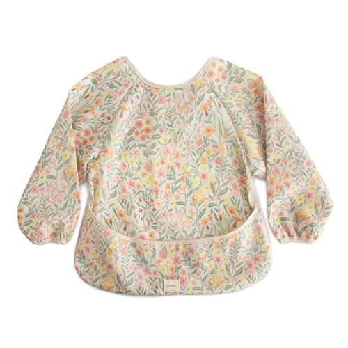 mushie Long Sleeve Baby Bib | Mess Free & Waterproof Fabric for Toddlers | Adjustable Fit for Ages 6-24 Months - Pastel Blooms