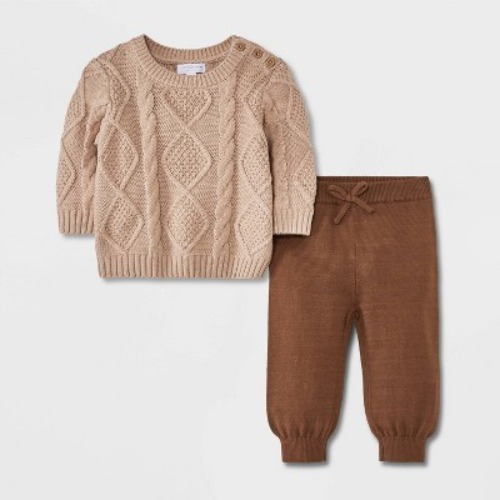 Grayson Mini Baby Crew Cable Top & Bottom Set - Brown 12M