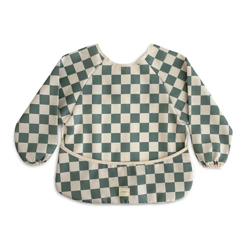 mushie Long Sleeve Baby Bib | Mess Free & Waterproof Fabric for Toddlers | Adjustable Fit for Ages 6-24 Months - Olive Check