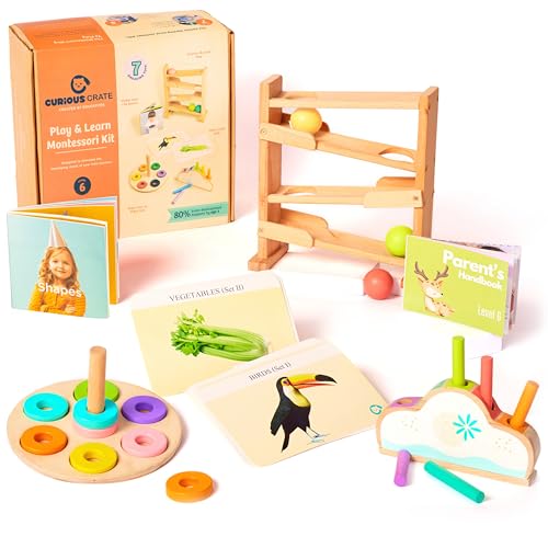 CURIOUS CRATE Wooden Montessori Toys Box for Toddlers | 6 in 1 Learning Educational Toys - Wooden Ball Tracker, Ring Stacker, Pop up Toy & More | Developmental Toy Set & Gift for 13 Months+ - 13+ Months Educational Box