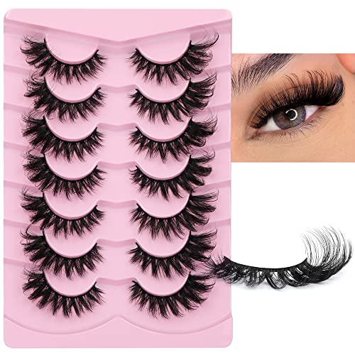 Faux Mink Lashes Fluffy Fox Eye Natural Dramatic Look False Eyelashes Wispy Cat Eye 17MM Fake Lashes Look Like Eyelash Extensions Strip 7 Pairs Pack - Fox Eye 01