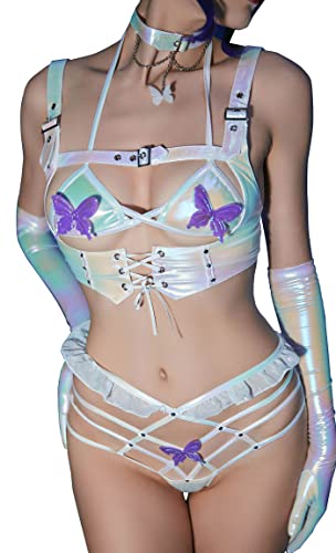 MEOWCOS Women’s Sexy Lingerie with Butterfly Decorations Flirty Bra and Panties with Corset - X-Large - Muticolor