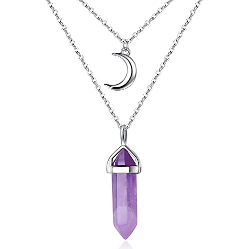 MAIBAOTA Healing Crystal Stone Point Necklace Layered Crescent Moon Pendant Necklaces Spiritual Reiki Witch Gemstone Quartz Jewelry for Women - purple-Amethyst Stone