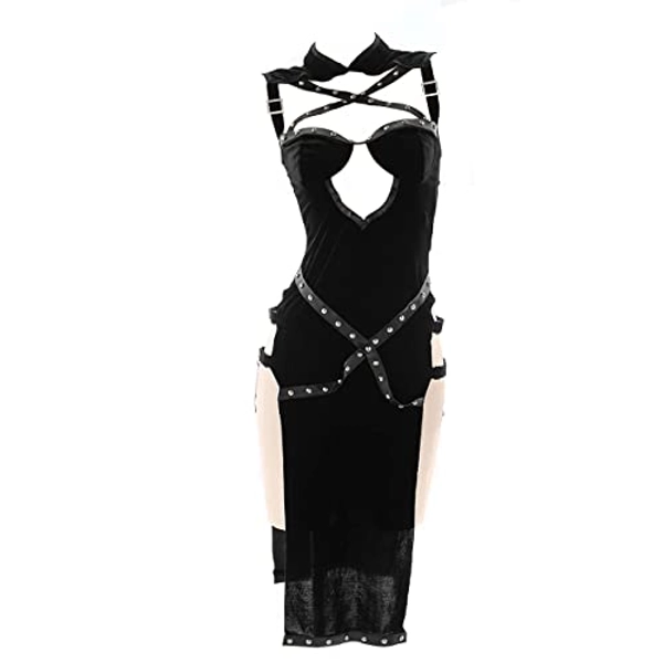 JasmyGirls Anime Lingerie Sexy Devil Cosplay Costume Naughty Witch Cheongsam Punk Rivets High Slit Dress Assassin Roleplay Outfit