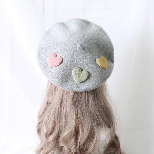 Heart Pattern Kawaii Cozy Cute Beret Hat - Pastel Blue