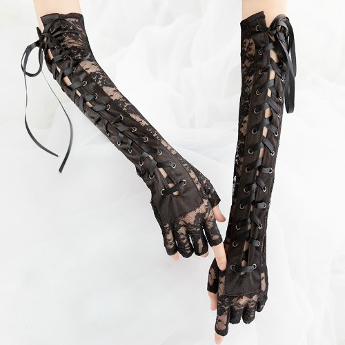 Black Lace Up Fingerless Gloves Elbow steampunk for Womens Costume Party Arm Warmer Sexy Mittens Clubwear Cosplay Accessories