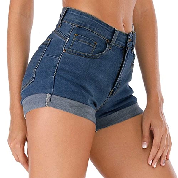 Cuihur Women's Summer High Waisted Denim Shorts Folded Hem Casual Short Jeans - A1 Navy Blue - Large