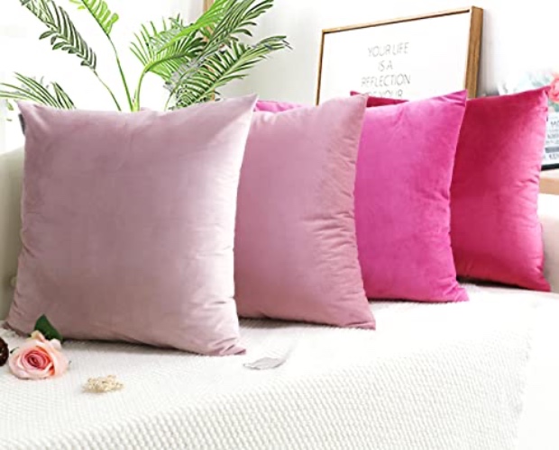 MEKAJUS Pink Throw Pillow Covers 18x18 Set of 4 Velvet Soft Square Couch Pillowcase for Patio Sofa Bed Bedding Living Room (Pink) - Pink - 18x18