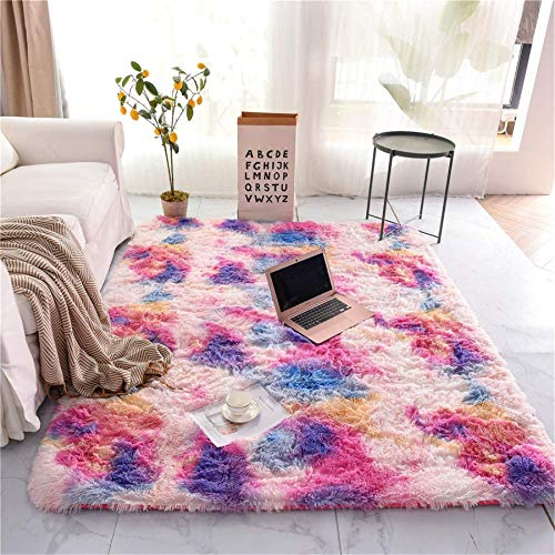 A Nice Night Shaggy Fluffy Faux Fur Area Rug Door Mat,Tie Dye Style,Soft, Luxurious Shag Carpet Rugs for Bedroom, Living Room, Luxury Bed Side Plush Carpets, Rectangle (Pink, 5' x 8') - Pink - 5 x 8 Feet