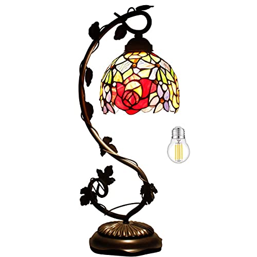 WERFACTORY Tiffany Table Lamp Red Rose Style Stained Glass Reading Desk Light with Metal Leaf Base 6X10X21 Inches Decor Small Space Bedroom Home Office S001 Series