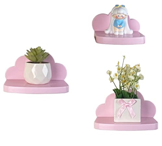 Veluckin Small Floating Shelves Mini Cloud Shelves Hanging Display 6 Inch Wall Shelf for Bathroom Livingroom Bedroom,3 Pack,with 2 Types of Installation, Pink, 6"D x 3"W x 3.5"H - Pink-3pack