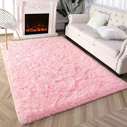 Prabia Super Soft Fluffy Shaggy Rugs 4x5.9 Feet for Living Room Bedroom, Fuzzy Plush Area Rugs for Girls Kids Room Nursery Home Decor, Furry Dorm Rug Cute Non-Slip Indoor Floor Carpet, Baby Pink - 4x5.9 Feet - Baby Pink