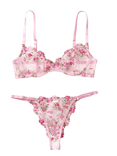 SheIn Women's 2 Piece Sexy Appliques Tanga Mesh Bralette Bra and Thongs Lingerie Set - Large - Pink Mesh