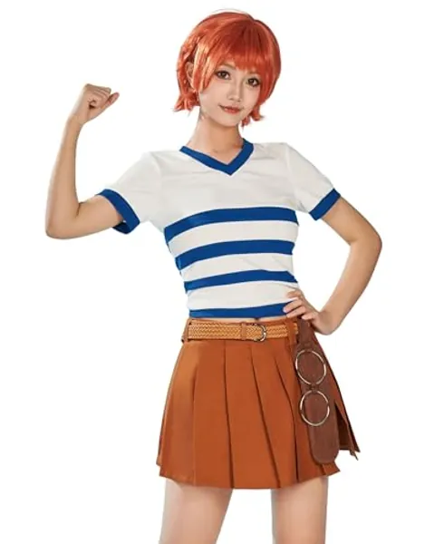 haikyuu Anime Cosplay Costume White Blue Stripe Top Yellow Skirt Set with Belt