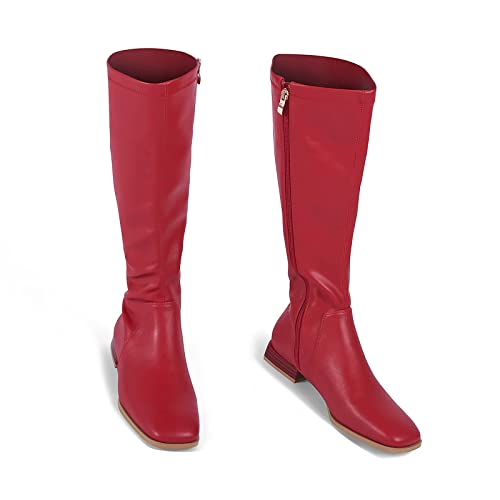 GENSHUO Knee High Boots for Women Comfy Flat Heel Vintage Square Toe Fall Winter Solid Side Zipper Costume Knight Booties - 7 - Matte Red
