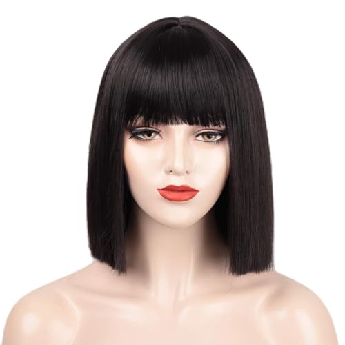 ENTRANCED STYLES Black Bob Wig with Bangs, Short Black Wig for Women Straight Bob Wigs Heat Resistant Synthetic wig Mia Wallace Cleopatra Cospaly Daily Party Use 12” - wigs with bangs - Black ###