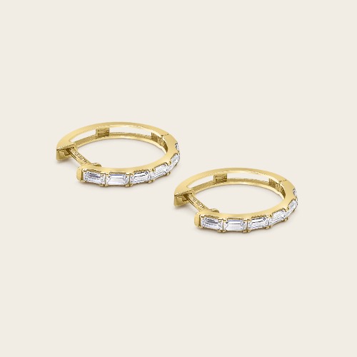 14k Solid Gold Diamond Baguette Huggie Earrings - Yellow Gold