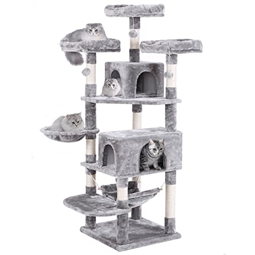 BEWISHOME Cat Tree for Indoor Cats 66.3 Inch Multi-Level Large Cat Tower with Plush Top Perches, Sisal Scratching Post Cat Play House Kitty Activity Center MMJ14L - Light Grey